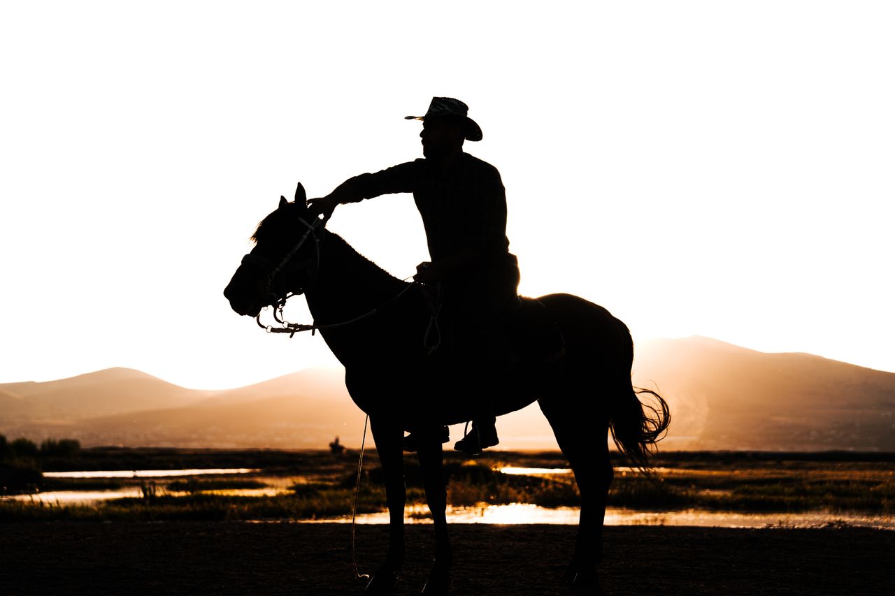Captivating silhouette of a horse and rider against a stunning sunset in Kayseri, Türkiye.