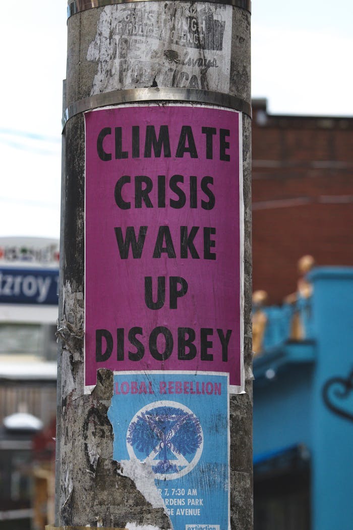Poster on lamppost urging climate action and disobedience with urban backdrop.